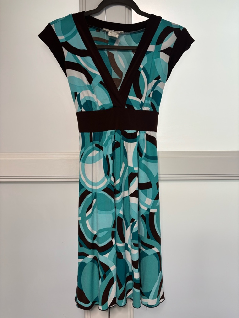 Y2K Abstract Print Empire Waist Mini Dress Blue Brown Cap Sleeve Size M